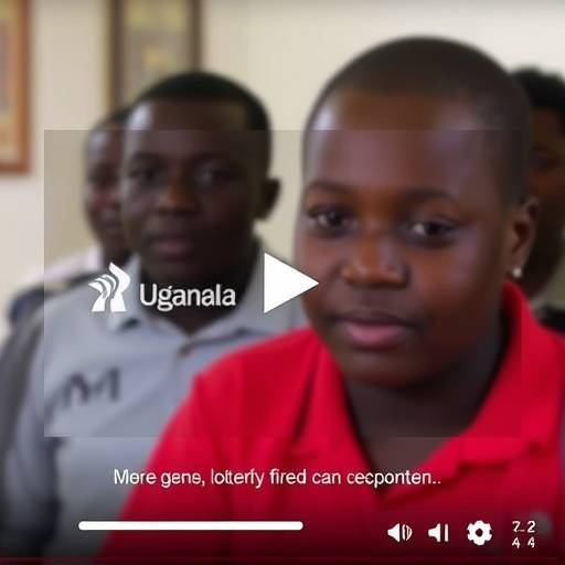 Screenshot of a video player with captions displayed, showing the Uganda Education Hub logo