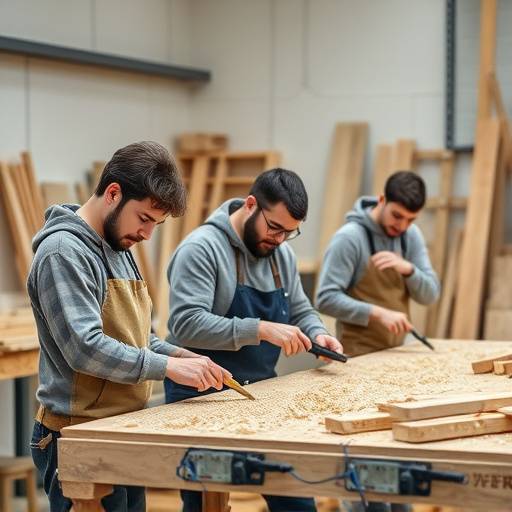 Vocational training students learning carpentry skills in a workshop.